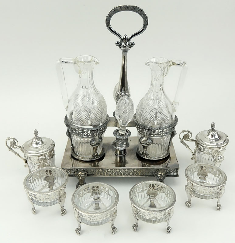 Circa 1810 French Jean-Pierre Nicolas Bibron Silver And Crystal Condiment Set.