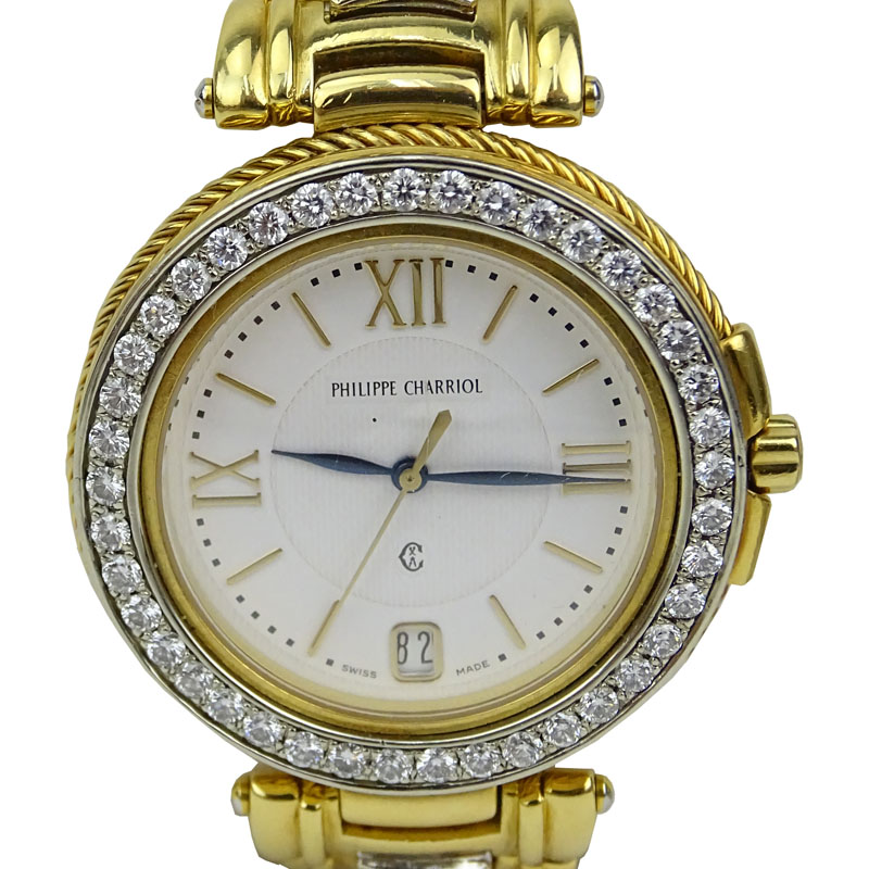 Philippe Charriol Approx. 4.0 Carat Round Brilliant Cut Diamond and 18 Karat Yellow Gold Bracelet Watch with Quartz Movement.