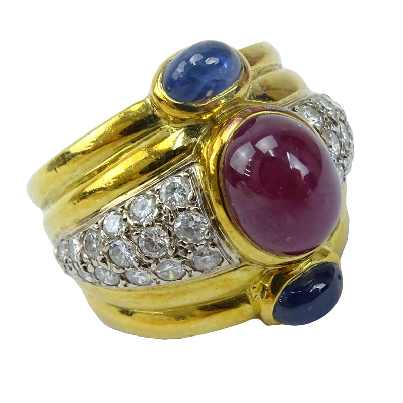 Possibly Vintage David Webb Cabochon Burma Ruby, Cabochon Sapphire, Pave Set Round Brilliant Cut Diamond and 18 Karat Yellow Gold Ring.