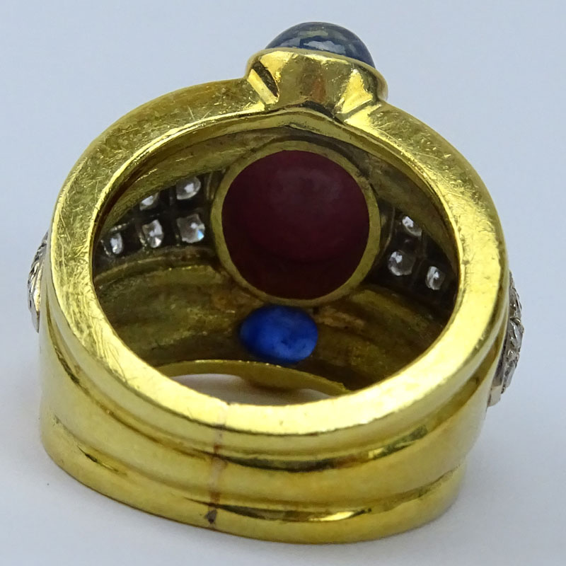 Possibly Vintage David Webb Cabochon Burma Ruby, Cabochon Sapphire, Pave Set Round Brilliant Cut Diamond and 18 Karat Yellow Gold Ring.