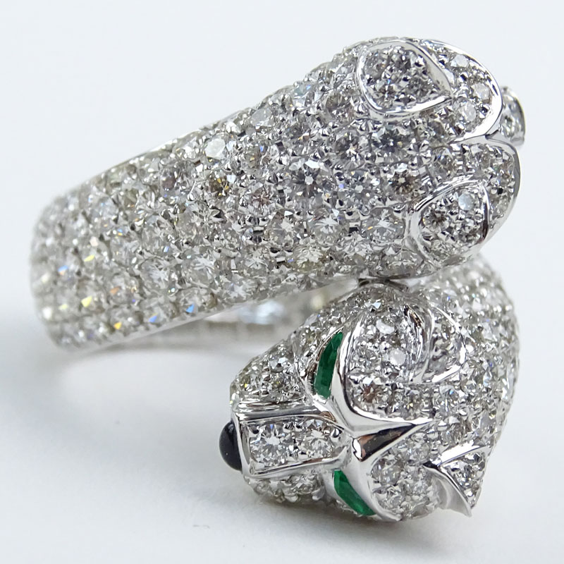 Cartier style Approx. 6.08 Carat Micro Pave Set Round Brilliant Cut Diamond and 18 Karat White Gold Panther Ring with Emerald Eye Accents.