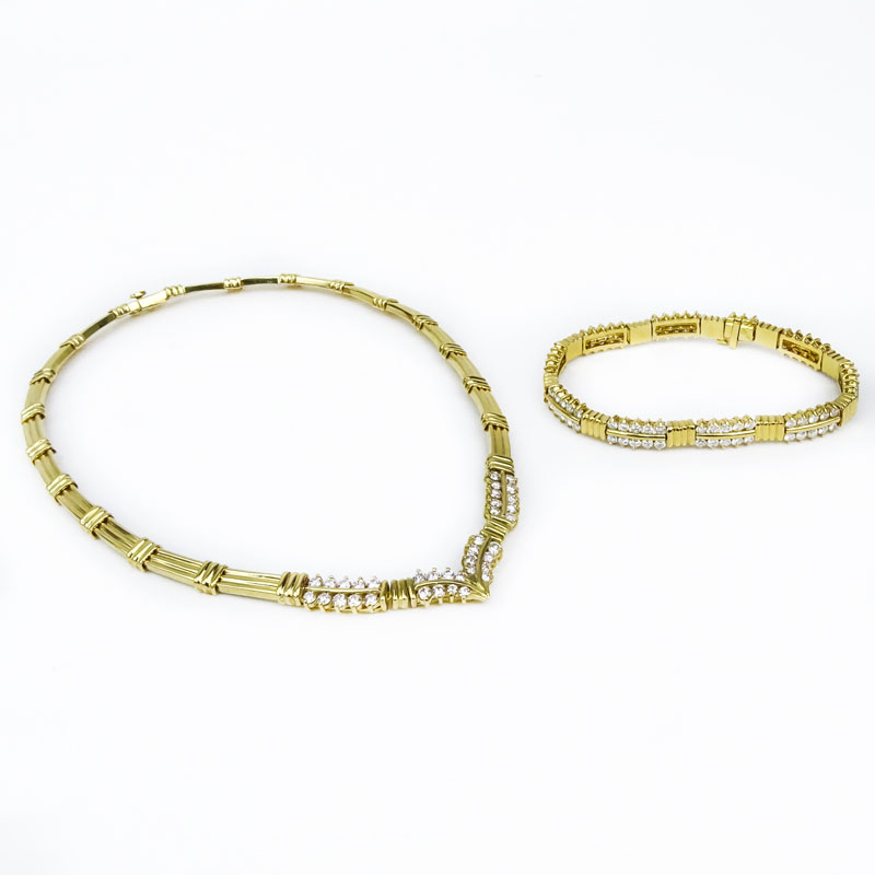 Vintage Round Brilliant Cut Diamond and 18 Karat Yellow Gold Necklace and Bracelet Suite.