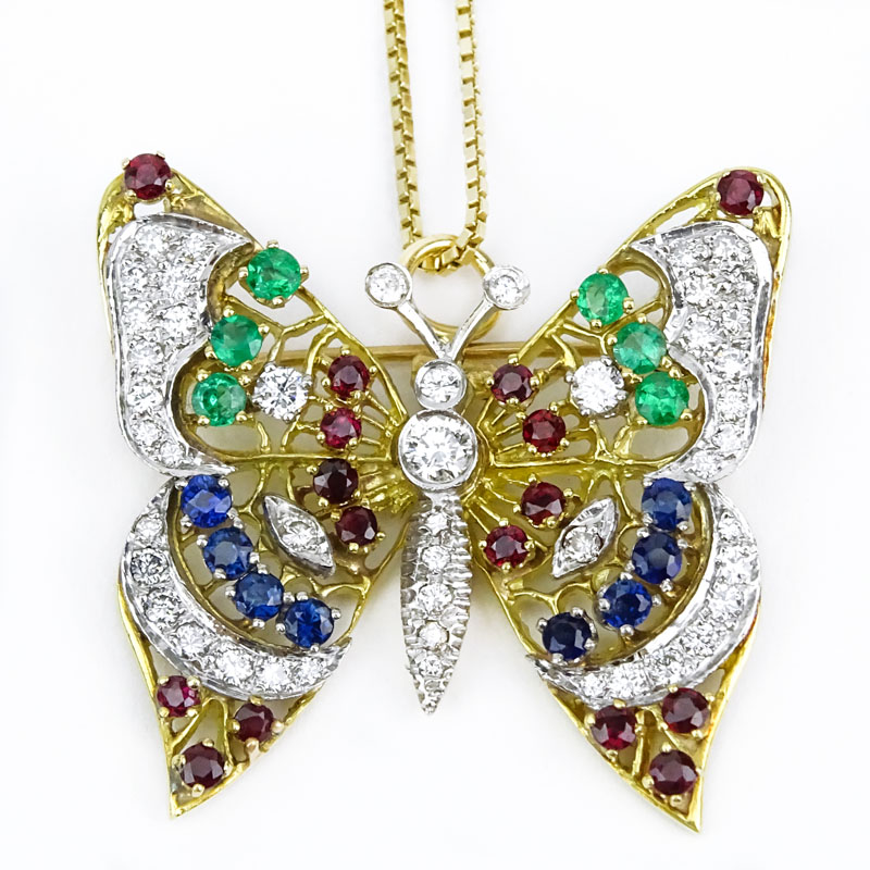 Vintage Diamond, Multi Gemstone and 18 Karat Yellow Gold Butterfly Pendant / Brooch with 14 Karat Yellow Gold Chain. 