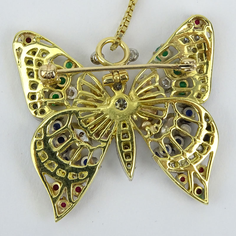 Vintage Diamond, Multi Gemstone and 18 Karat Yellow Gold Butterfly Pendant / Brooch with 14 Karat Yellow Gold Chain. 