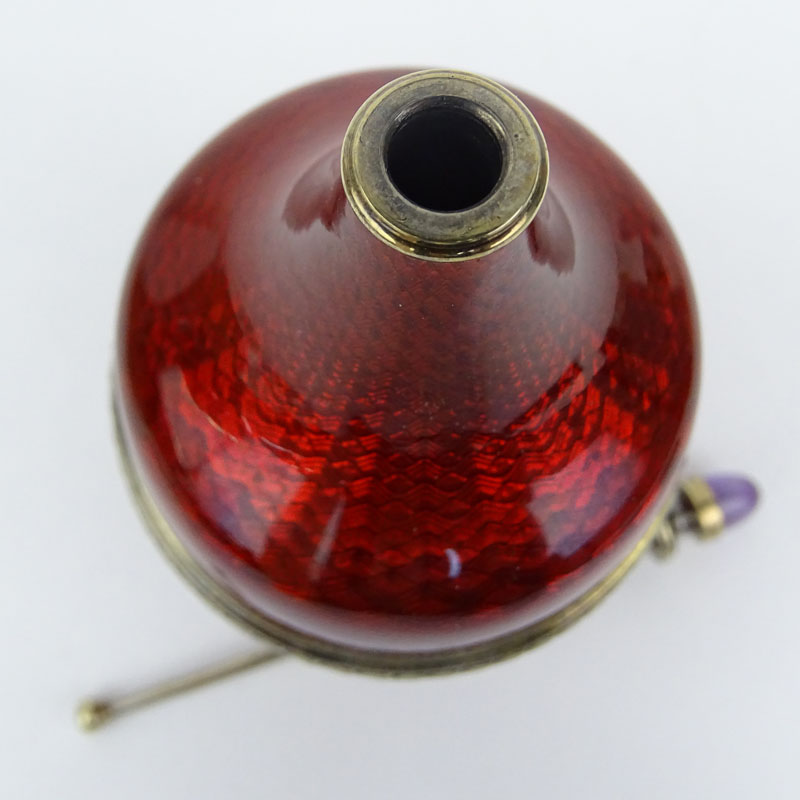 Fine Russian Faberge 88 Silver and Guilloche Enamel Perfume Bottle with Cabochon Amethyst Accent. Signed  ?.??????? (Faberge)