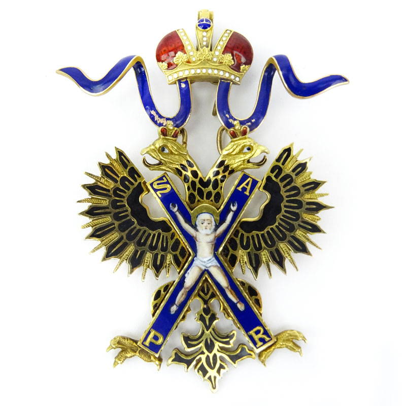 Rare Circa 1896-1904 Imperial Russian, St. Petersburg 56 Gold (14K) and Enamel Sash Badge of the Order of Saint Andrew the First, called Eduard. 