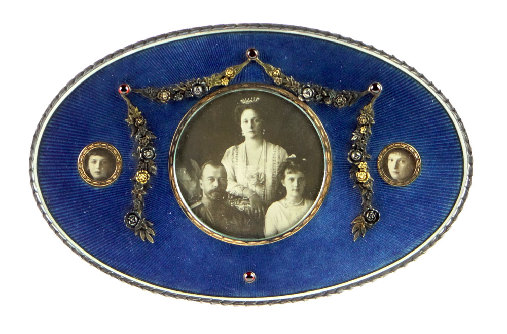 Early 20th Century Russian Silver and Gold Mounted Enamel Easel Photo Frame with Ivory Backing and Inset Cabochon Rubies. Signed Faberge, 84, BA. 