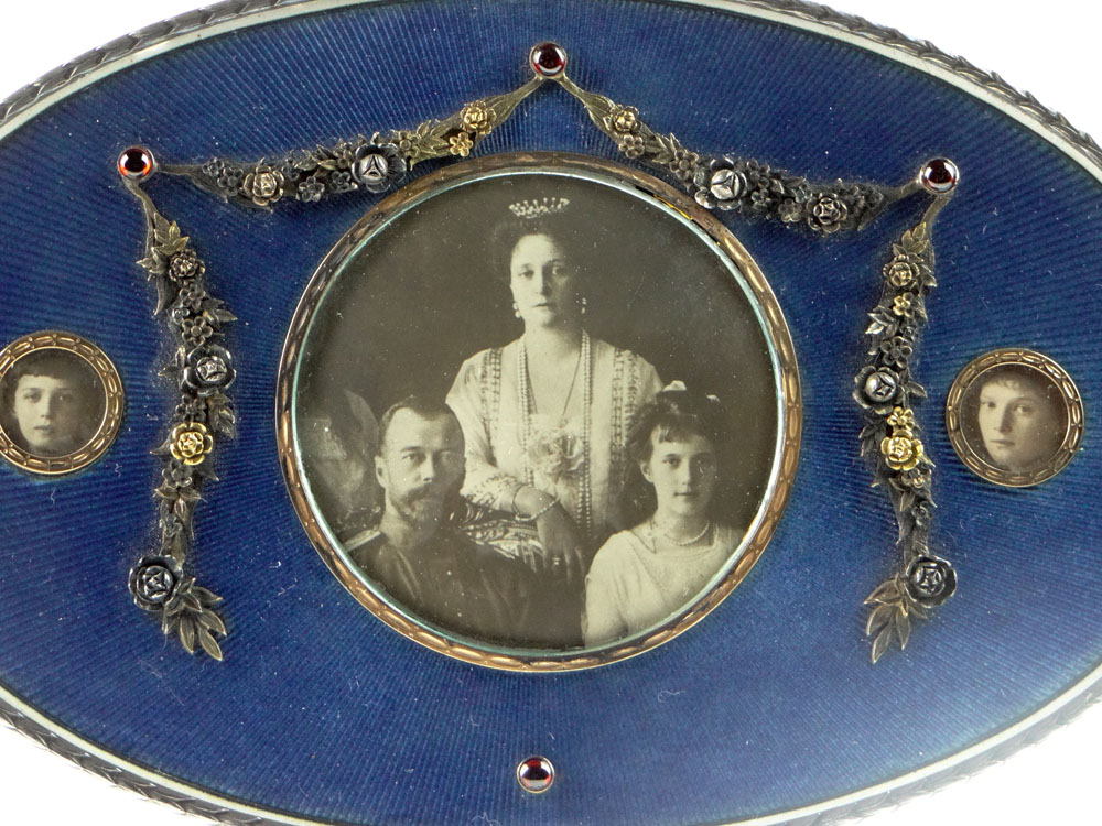 Early 20th Century Russian Silver and Gold Mounted Enamel Easel Photo Frame with Ivory Backing and Inset Cabochon Rubies. Signed Faberge, 84, BA. 