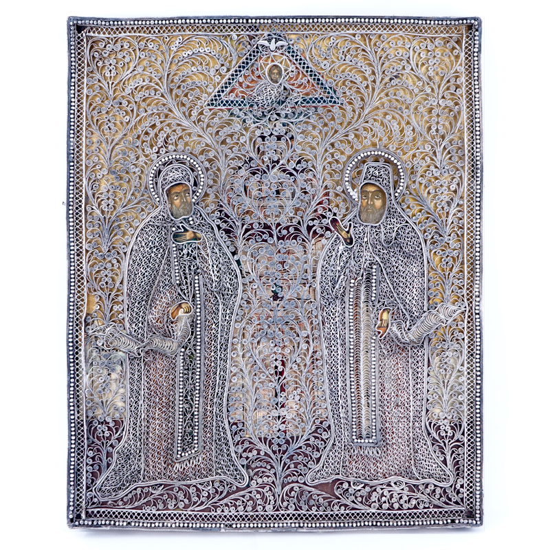 Russian Icon of Christ Flanked by Two Saints (Trinity), in 84 Silver Heavy Filigree Frame. 