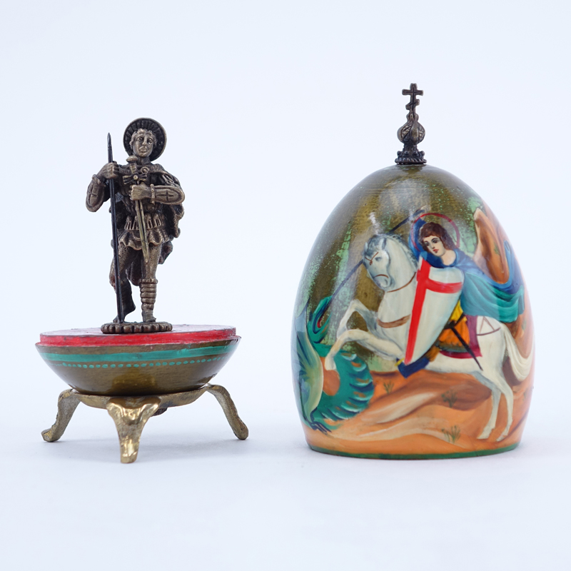 Russian Lacquer Wood Egg on Brass Stand with Bronze Icon. Scene of St. George and dragon.