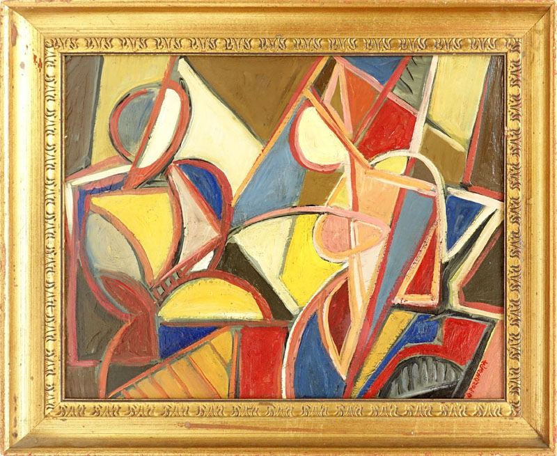 Russian School Oil On Wood Panel "Cubist Composition". Bears signature in Cyrillic lower right. 