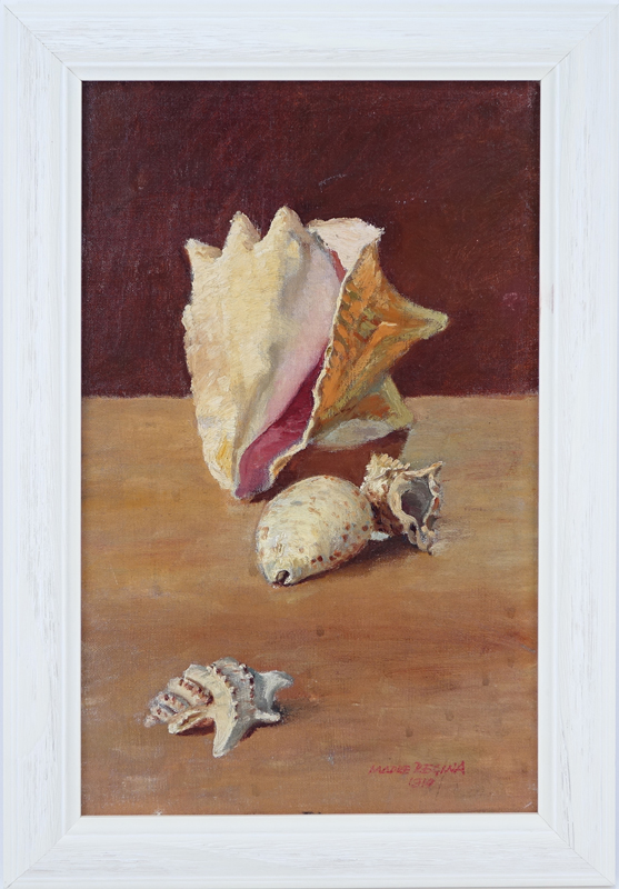Italian School Oil On Canvas Glued To Wood Panel "Still Life Of Shells" Signed and dated Madre Regina 1910. 