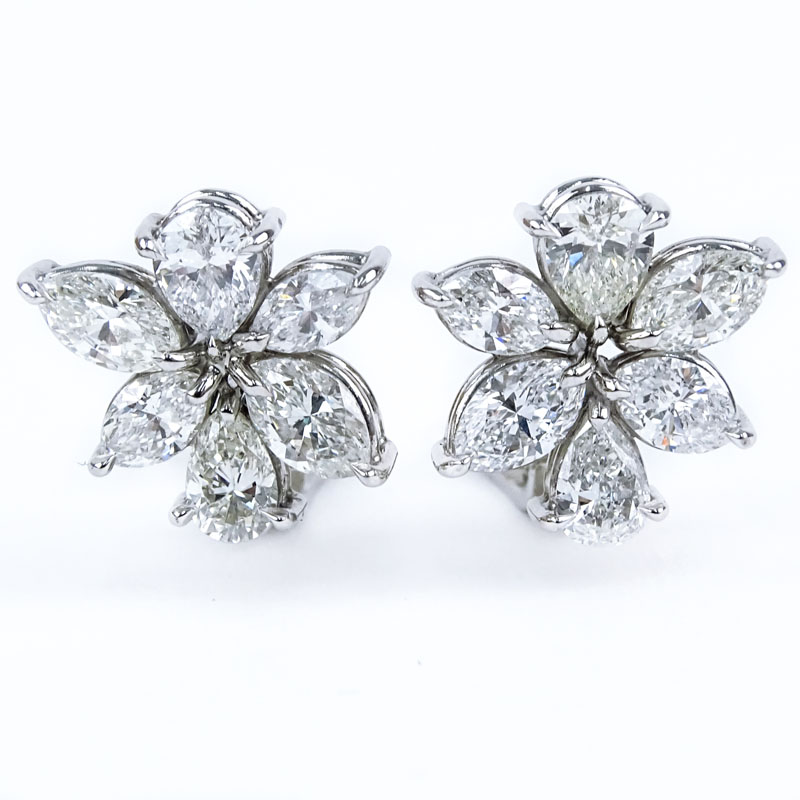 Vintage Harry Winston style Approx. 5.0 Carat Pear and Marquise Cut Diamond and Platinum Flower Earrings.