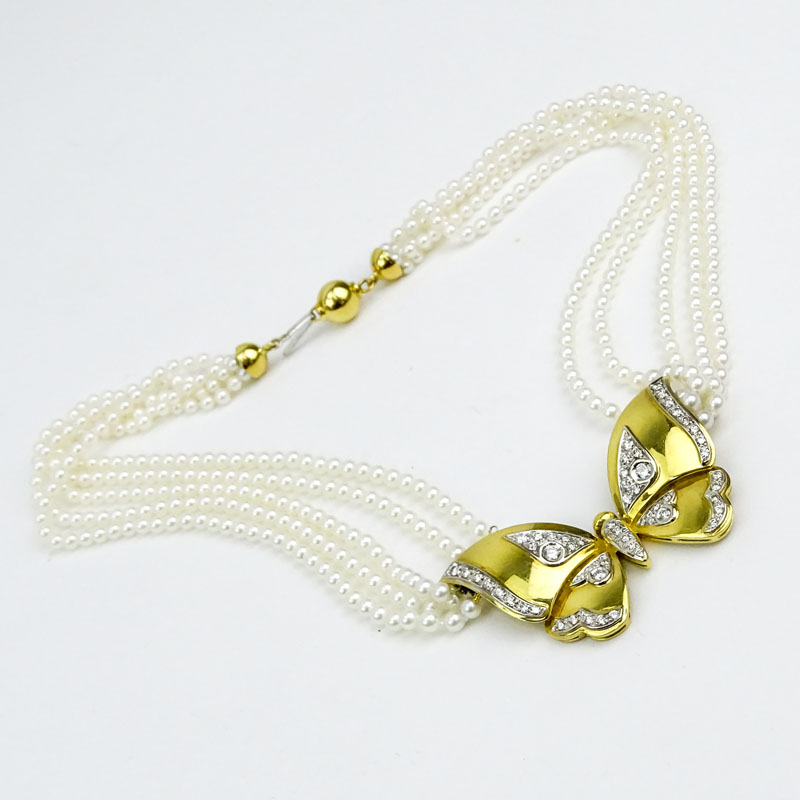 Vintage Round Brilliant Cut Diamond, 18 Karat Yellow Gold and Five (5) Strand Pearl Pendant Necklace. 