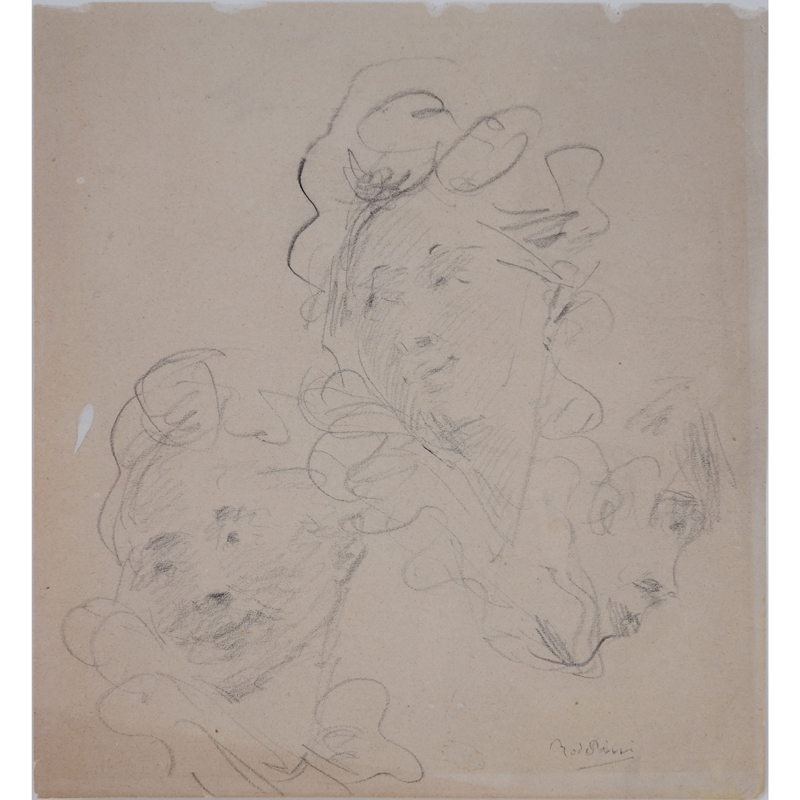 Attributed to: Giovanni Boldini, Italian (1842 - 1931) Pencil on paper "Three Female Heads" Signed lower right