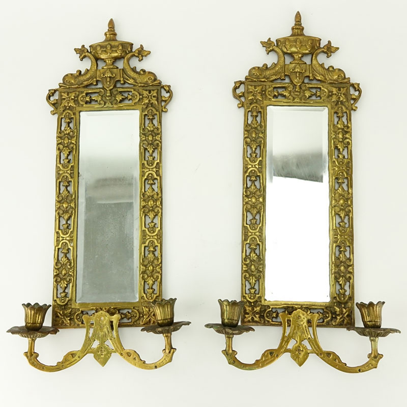 Pair of Empire Style Gilt Brass Mirrored Two Arm Wall Sconces