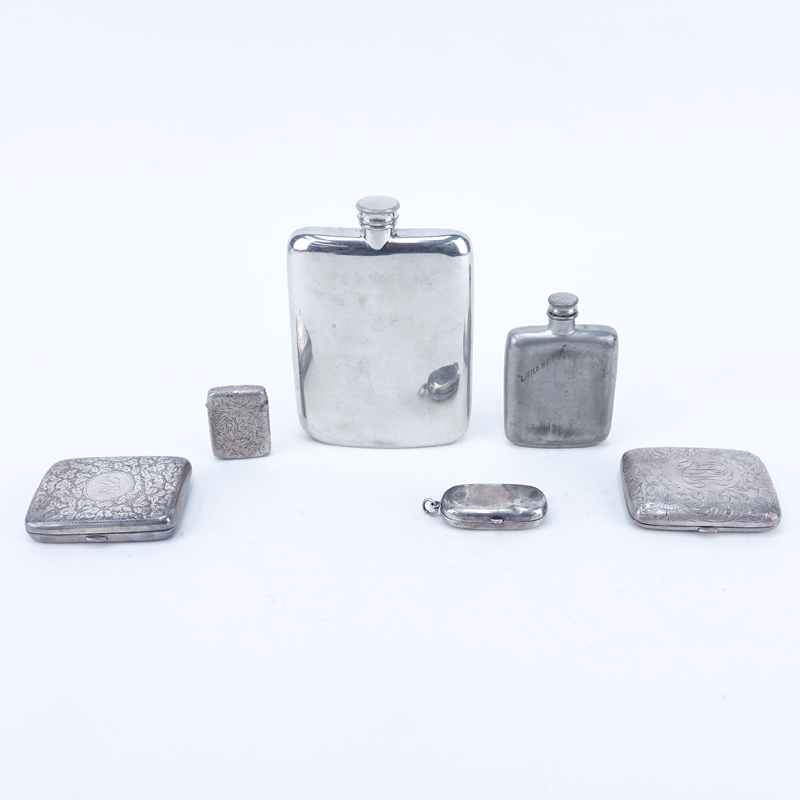 Collection of Four (4) Sterling Silver Cases Along With Two (2) Silver Plated Flasks