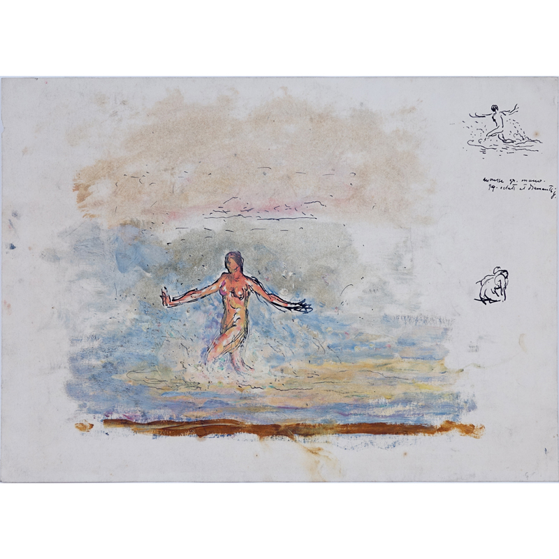 Attributed to: Michel Simonidy, Romanian (1870 - 1933) Ink and watercolor on paper "Nude Swimmer", sketch en verso