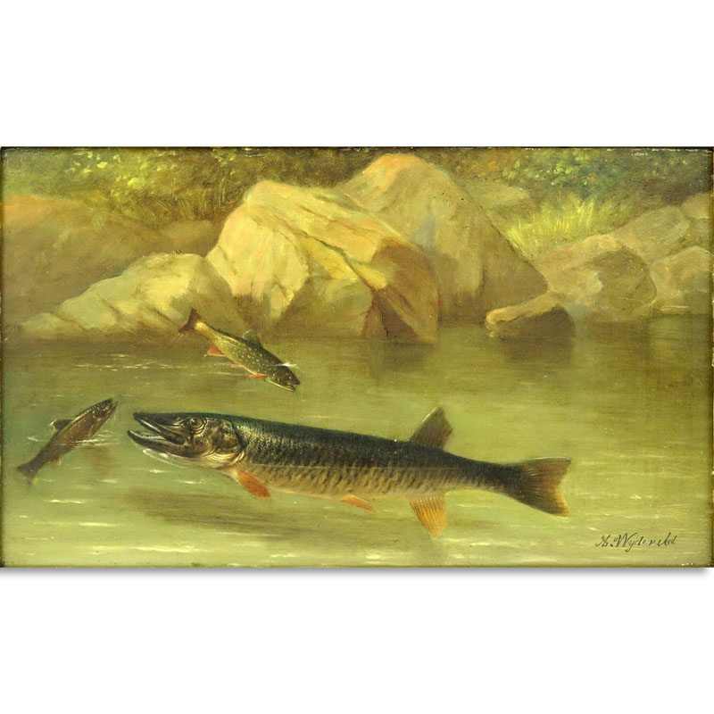 Arnoud Wydeveld, New York/Netherlands (1823 - 1888) Oil on panel "Salmon In River"