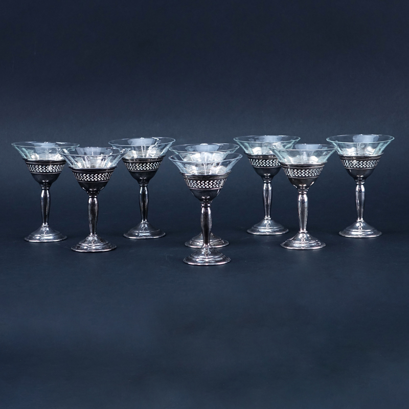 Set of Eight (8) Vintage Etched Glass Cordials In Reticulated Sterling Silver Holders