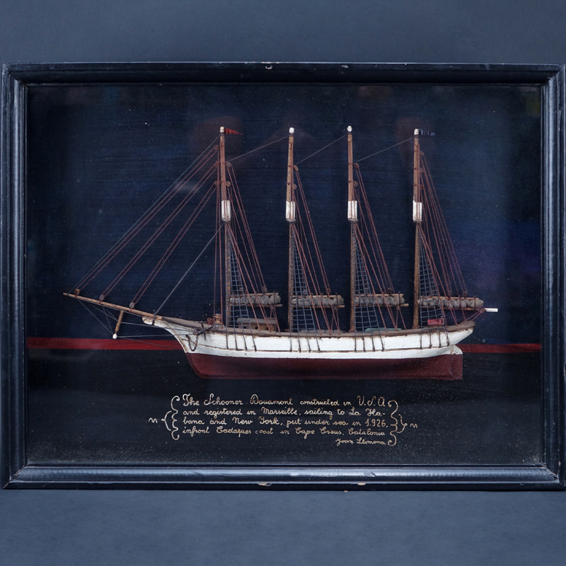 Hand Painted Wood Carving of the Schooner Douaumont in Shadowbox Frame