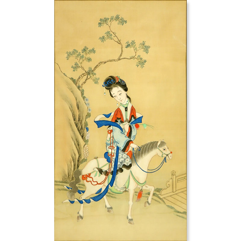 Vintage Chinese Painting On Silk "Girl On Horse"