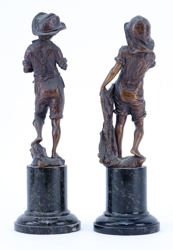 Pair of Antique Bronze Sculptures of a Young Boy and Girl on Marble Bases