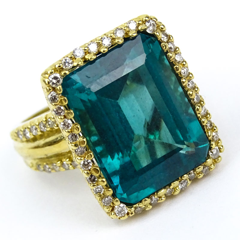  18.0 Carat Emerald Cut Brazilian Paraiba Apatite, Diamond and 18 Karat Yellow Gold Ring. 