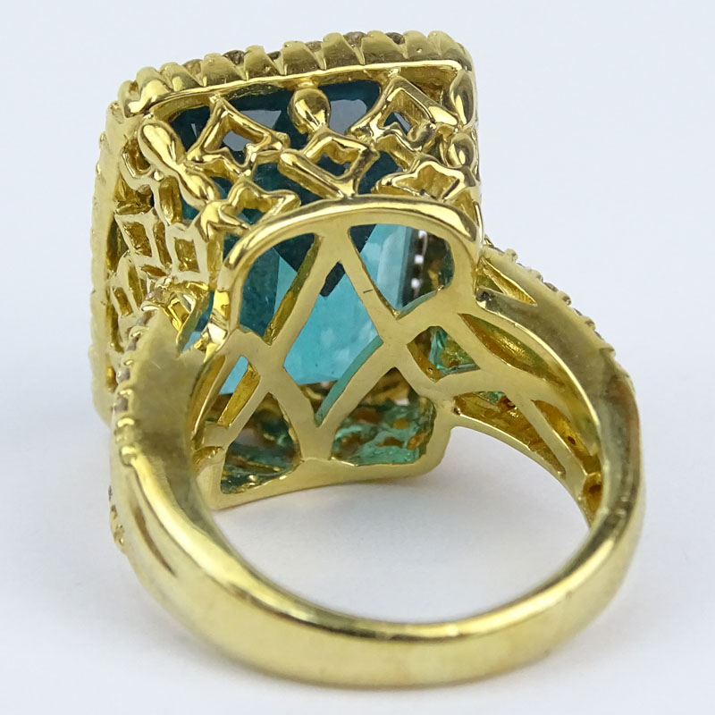  18.0 Carat Emerald Cut Brazilian Paraiba Apatite, Diamond and 18 Karat Yellow Gold Ring. 