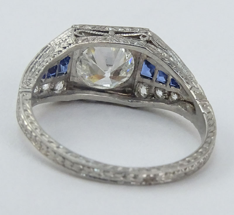 .90 Carat Old European Cut Diamond, Sapphire and Diamond Ring