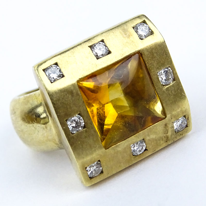 Square Cut Citrine, Diamond and 14 Karat Yellow Gold Ring