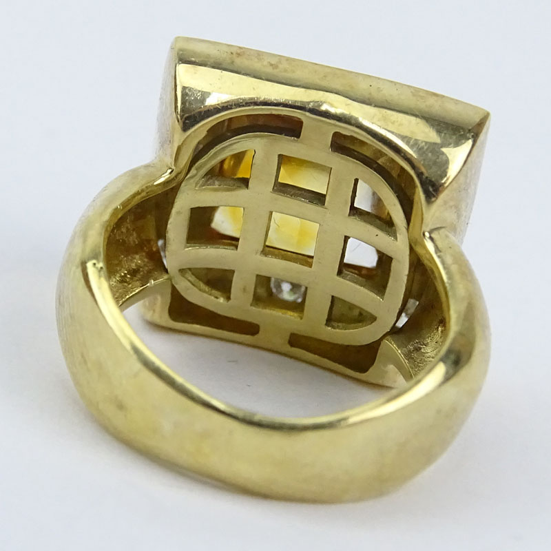 Square Cut Citrine, Diamond and 14 Karat Yellow Gold Ring