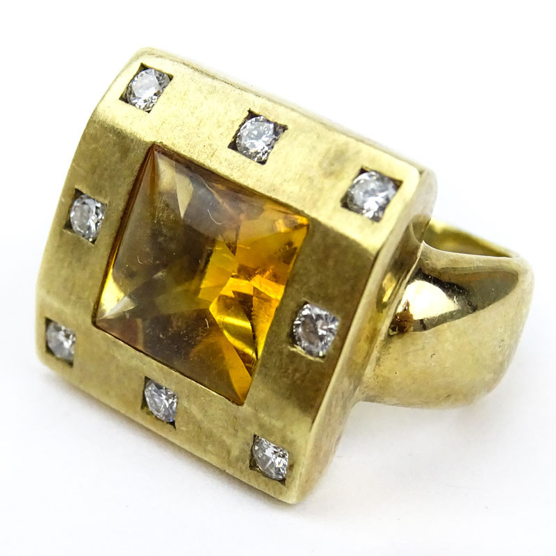 Square Cut Citrine, Diamond and 14 Karat Yellow Gold Ring