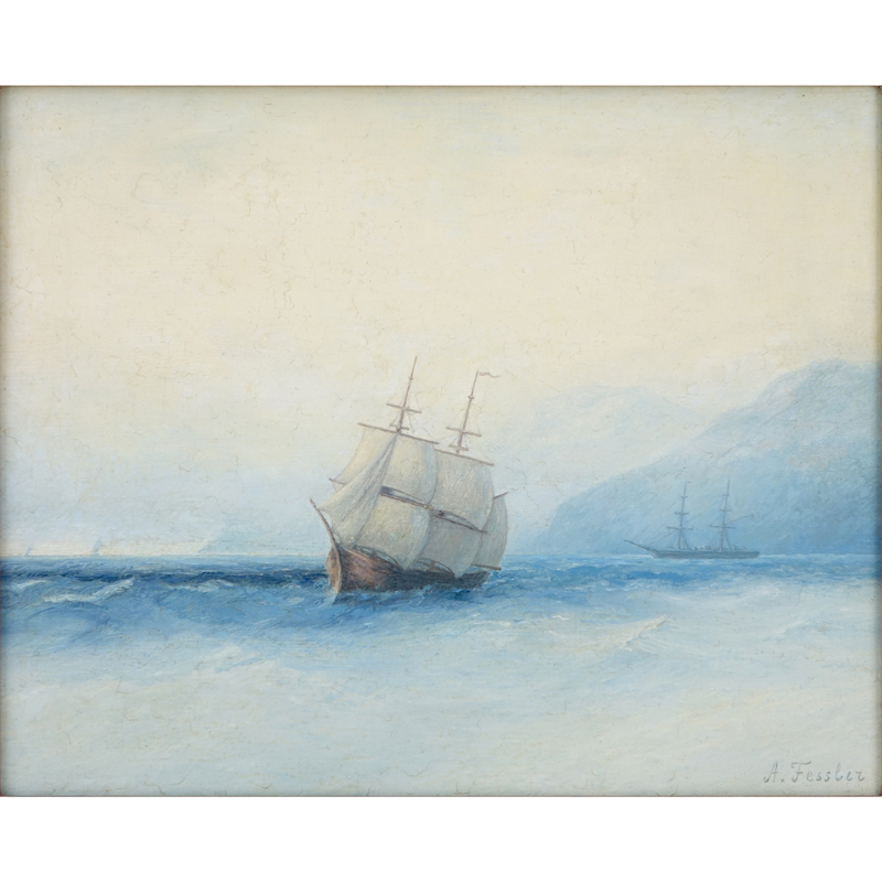 Signed A. Fessler Oil on Artist Board, Ships at Sea. 