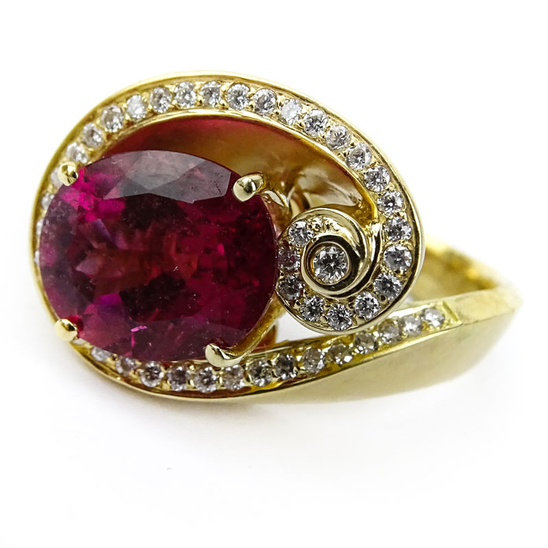 Vintage Oval Cut Rubelite Tourmaline, Diamond and 18 Karat Yellow Gold Ring