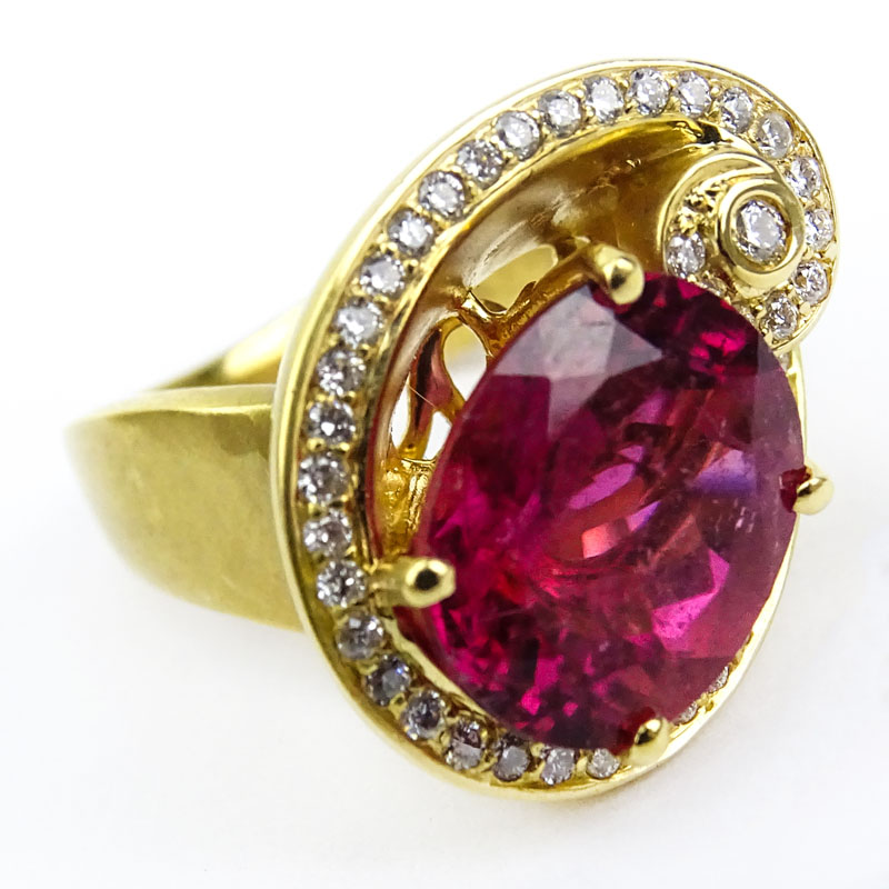 Vintage Oval Cut Rubelite Tourmaline, Diamond and 18 Karat Yellow Gold Ring