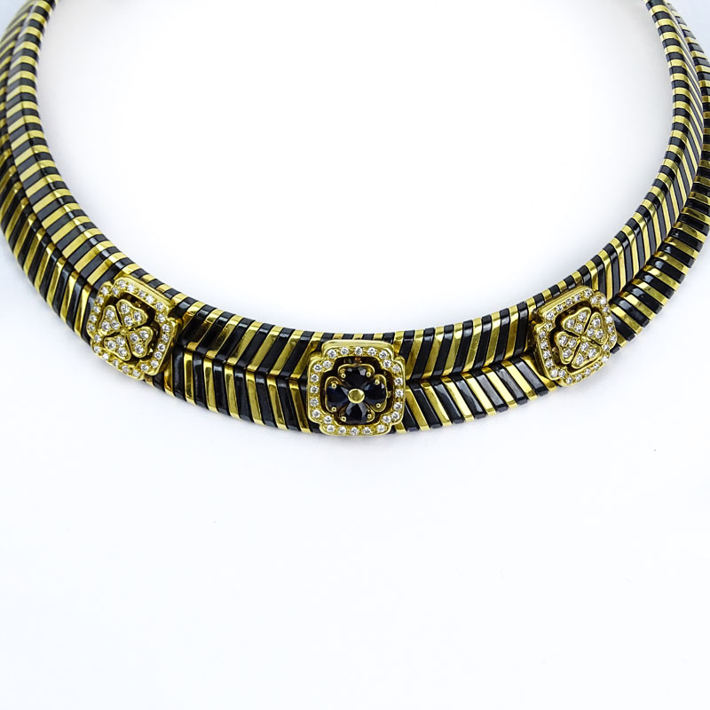 . 2.25 Carat Round Brilliant Cut Diamond, 1.0 Carat Pear Shape Sapphire and 18 Karat Gold Flexible Choker Necklace. 