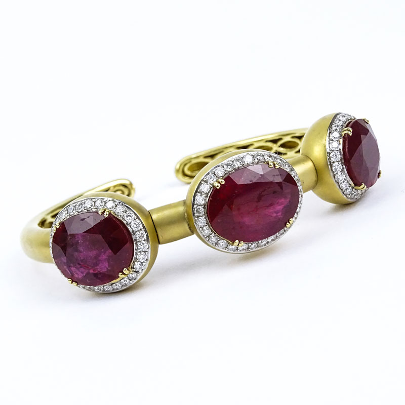 Large Three (3) Oval Cut Ruby, Diamond and 18 Karat Yellow Gold Flexible Cuff Bangle Bracelet