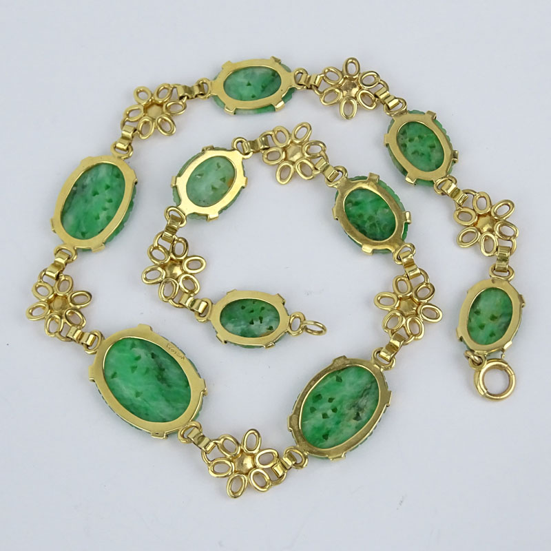 Vintage Carved Jade and 14 Karat Yellow Gold Necklace