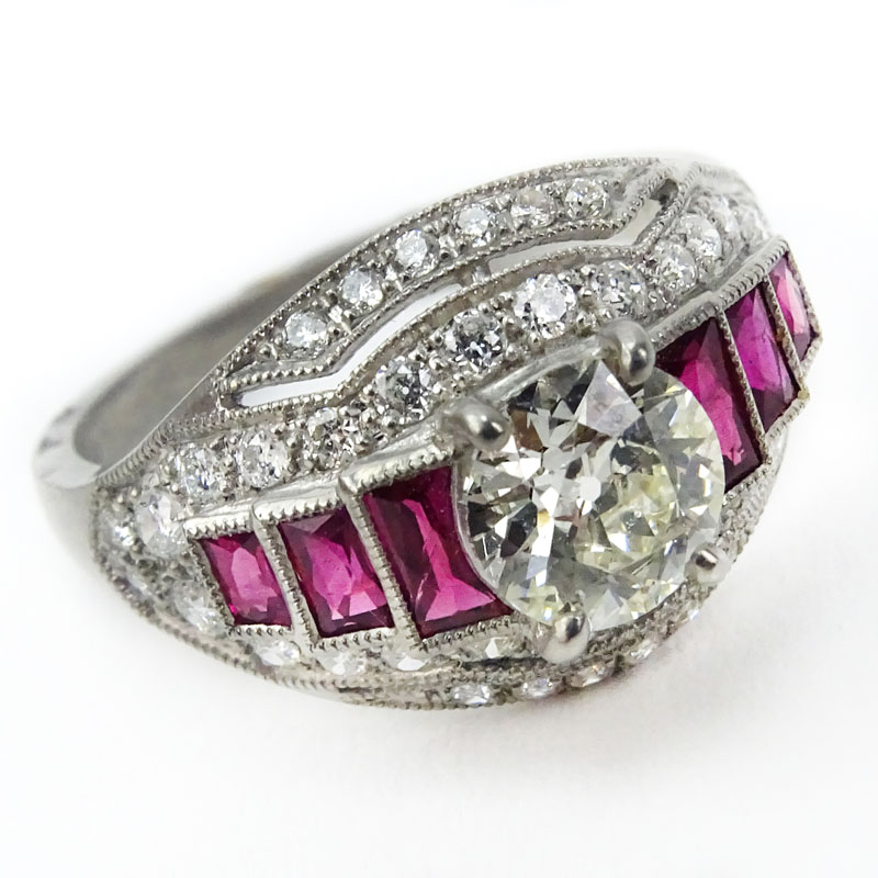  1.50 Carat Diamond, .60 Carat Ruby and Platinum Ring