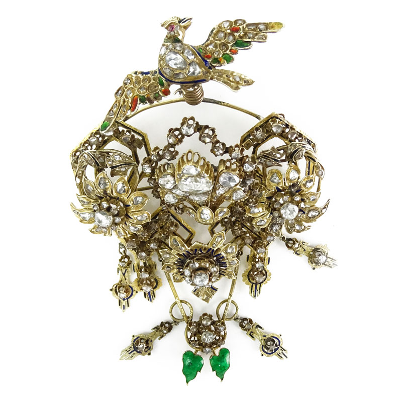 Museum Quality Large 19th Century Turkey Late Ottoman Rose Cut and Old Mine Cut Diamond, Enamel, Yellow Gold and Silver Articulated Bird Brooch