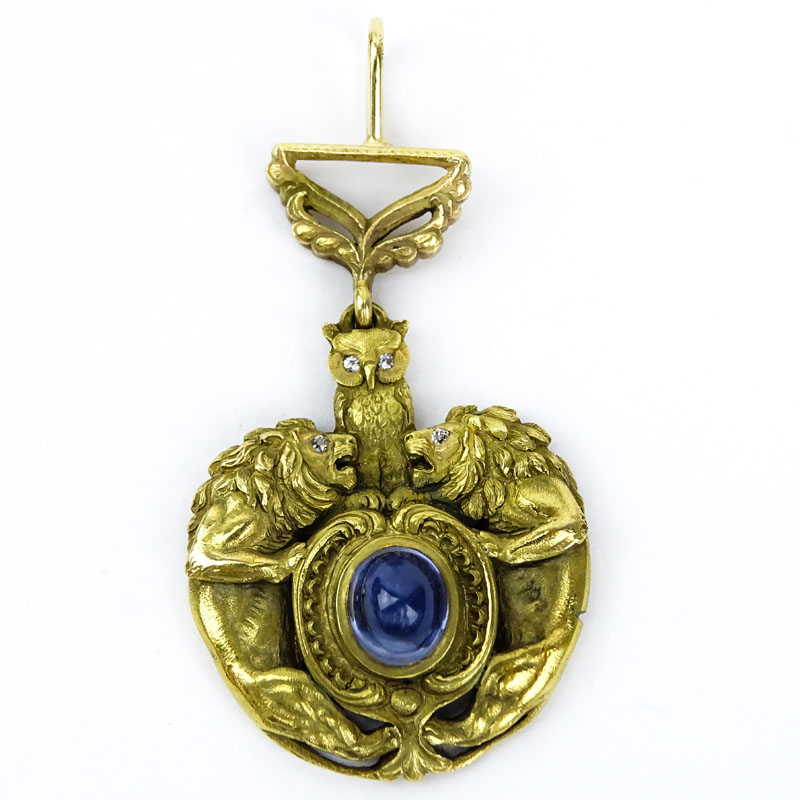 Antique AGL Certified Ceylon Oval Cabochon No Heat Sapphire and Heavy 18 Karat Yellow Gold Watch Fob with Small Old Cut Diamond Accents