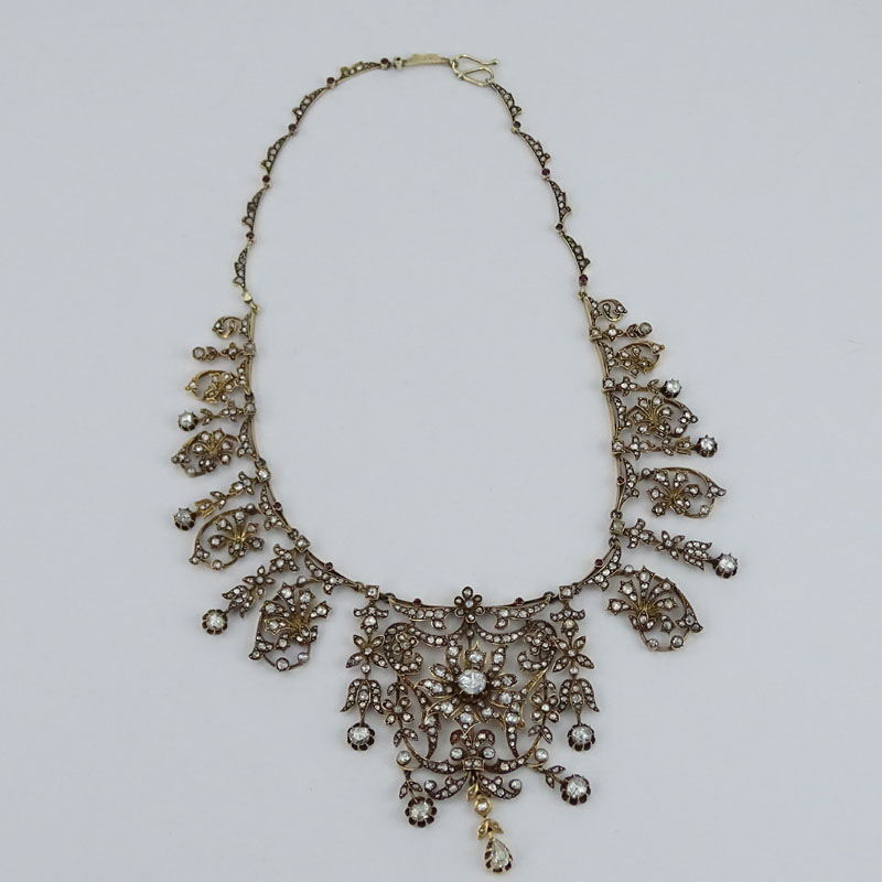 Museum Quality Large 19th Century Turkey Late Ottoman Rose Cut and Old Mine Cut Diamond, Ruby and Yellow Gold Necklace