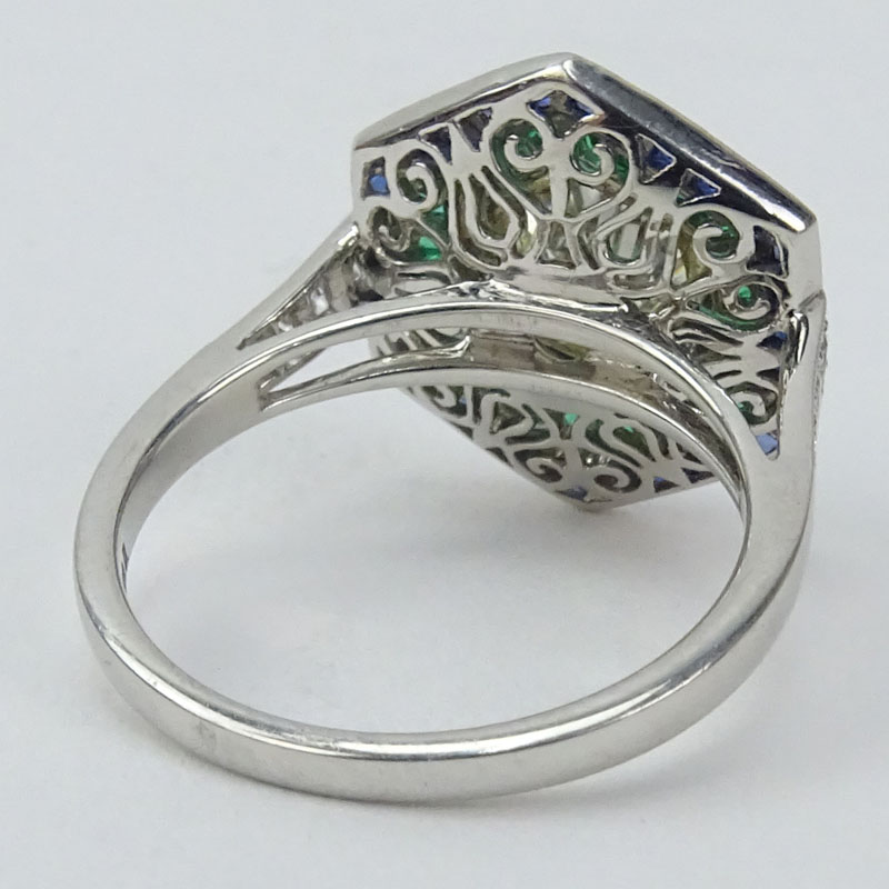 1.50 Carat Old European Cut Diamond, 1.40 Carat Sapphire, .85 Carat Emerald and Platinum Ring