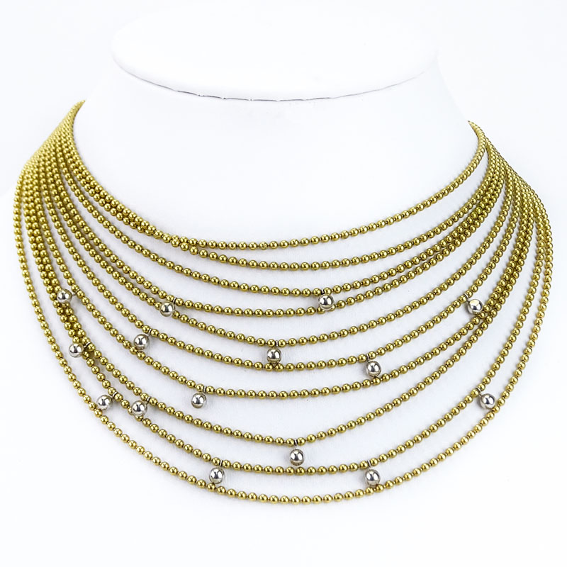 Circa 1999 Cartier Round Brilliant Cut Diamond and 18 Karat Yellow Gold Multi Strand Bead Necklace and Earring Suite