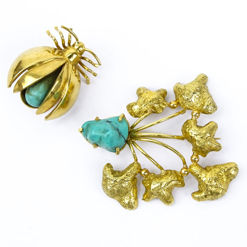 Two Vintage 18 Karat Yellow Gold and Turquoise Brooches