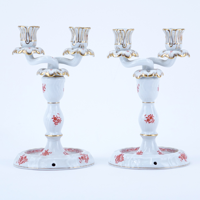 Pair of Herend Chinese Bouquet (Rust) Two Arm Porcelain Candle Holders