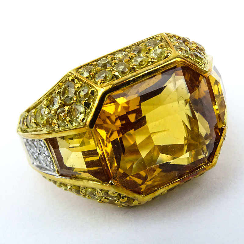 Vintage Hexagonal Cut Citrine, Diamond, Yellow Diamond and 18 Karat Yellow Gold Ring