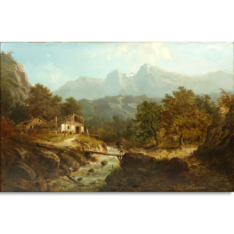 Large European School Oil On Canvas "Mountain Homestead"