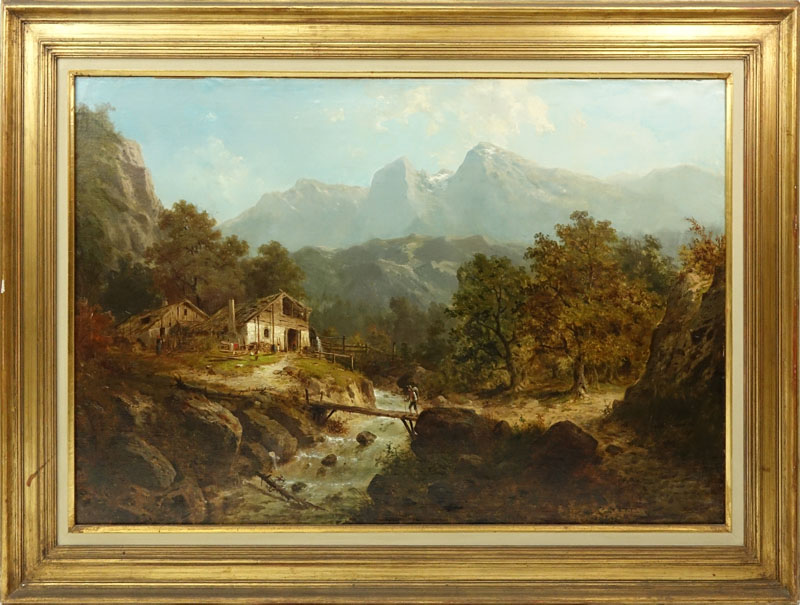 Large European School Oil On Canvas "Mountain Homestead"